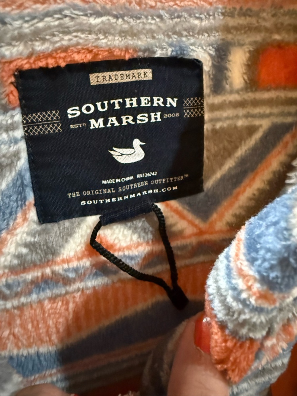 Southern Marsh Fleece Pullover with Geometric Stripe Pattern - Blue & Orange - Picture 3 of 4